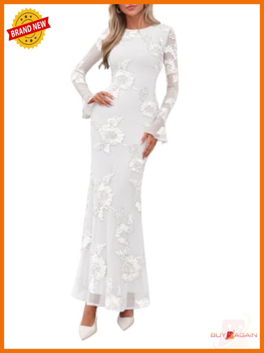 Women's Mesh Mermaid Maxi Bodycon Dress 3D Floral Bell Sleeve Wedding Guest